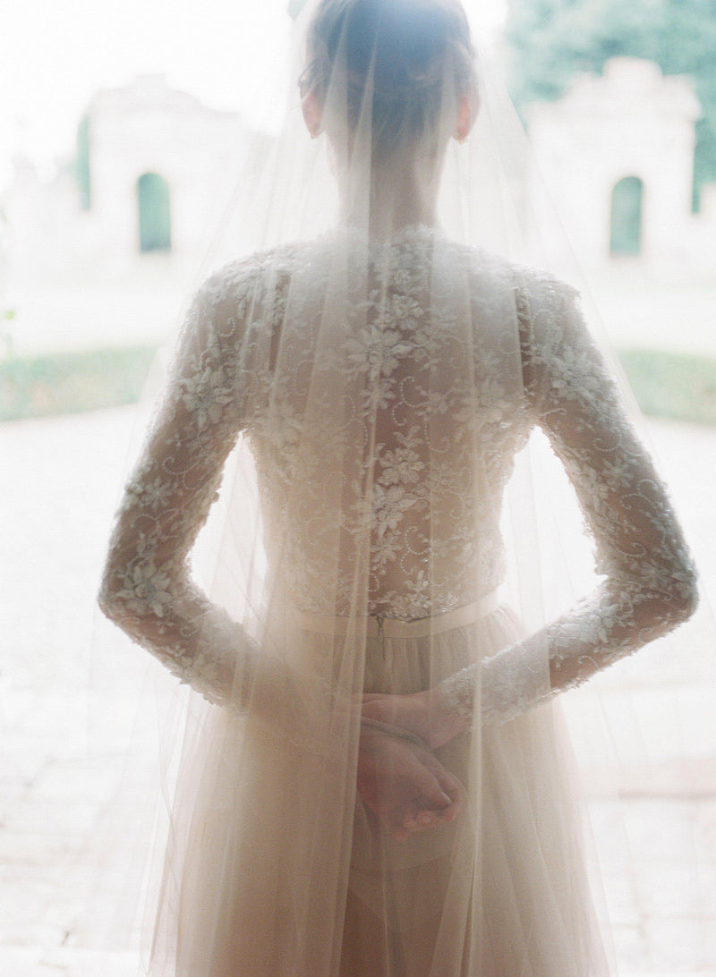 Gold Silk Tulle Veil And Beaded Dress With Sleeves | Cortona - Emily Riggs 