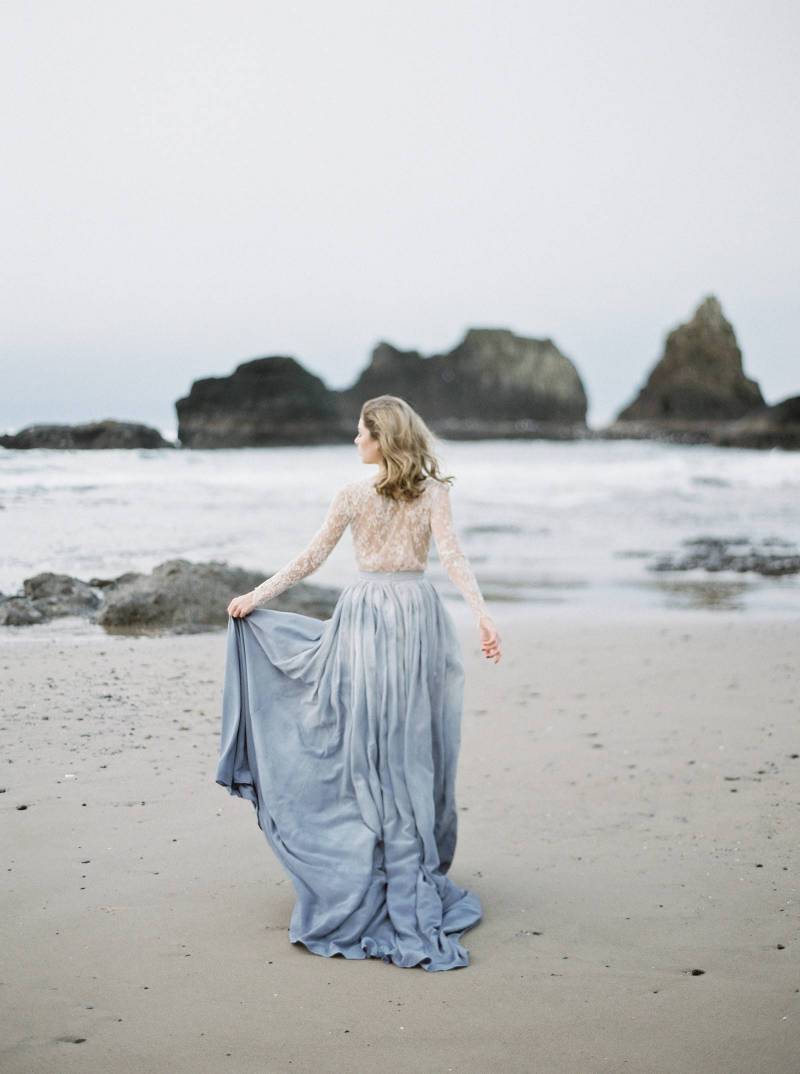 Long Ivory And Blue Hand Dyed Silk Skirt - Emily Riggs 