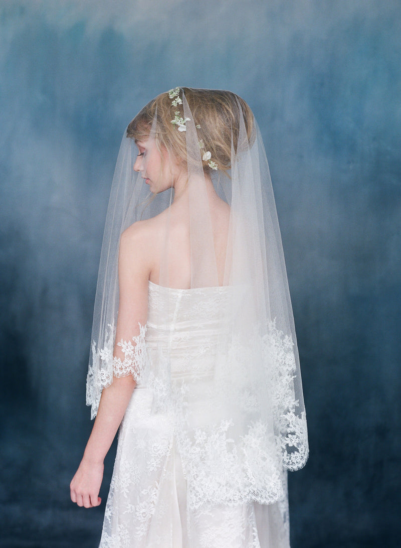 Ivory Lace Tulle And Silk Strapless Wedding Dress With Silk Tulle Veil With Lace Trim | Flora - Emily Riggs 