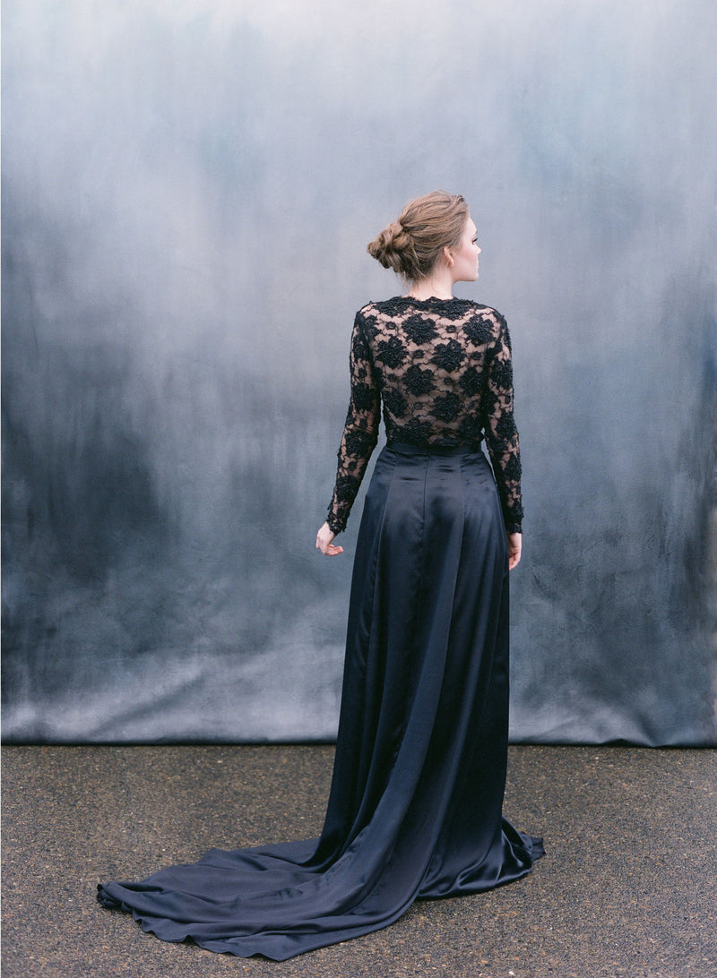 Black silk satin dress with French vintage beaded lace top. Valerie - Emily Riggs 