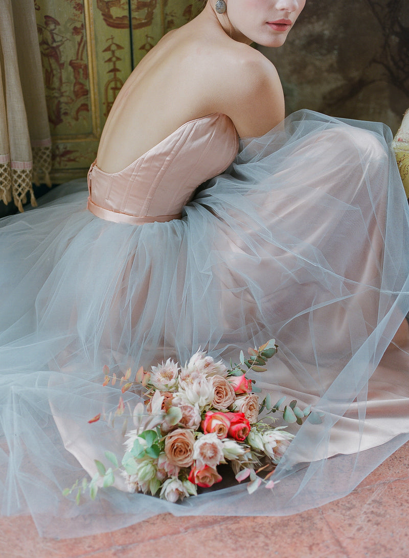 Vintage Pink And Grey Tulle Bridal Dress