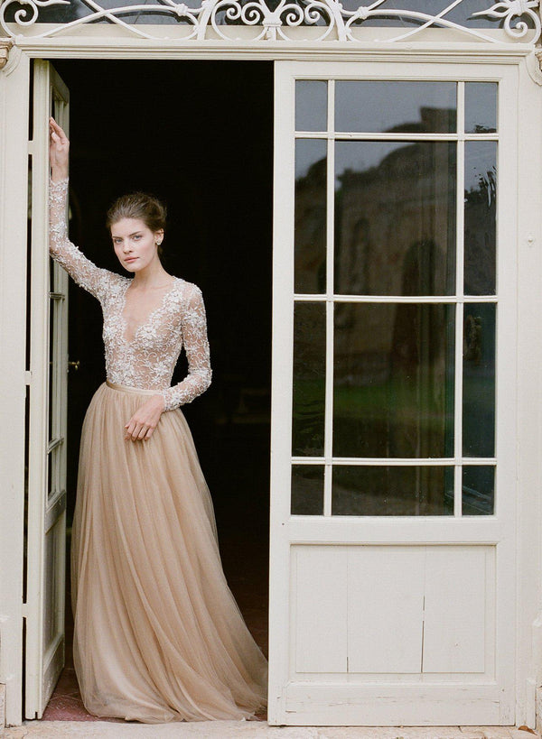 Gold Silk Tulle Beaded Dress With Sleeves |Cortona - Emily Riggs 