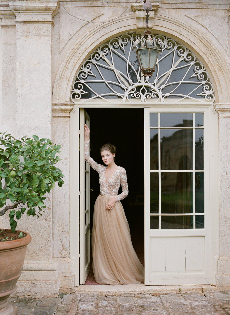 Gold Silk Tulle Beaded Dress With Sleeves | Cortona - Emily Riggs 