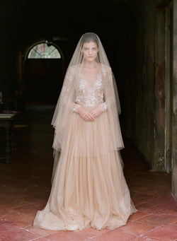 Gold Silk Tulle Veil and  Beaded Dress With Sleeves | Cortona - Emily Riggs 