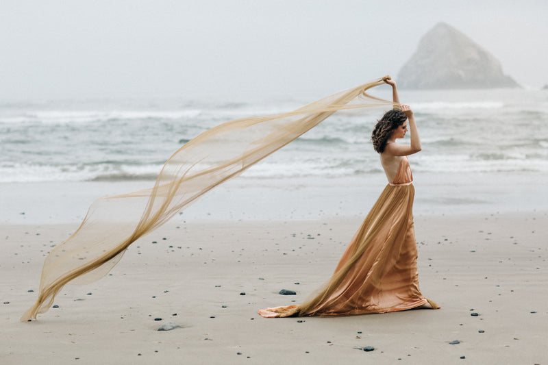 Gold Silk Tulle Wedding Bridal Veil And Gold And Blush Wedding Dress On The Beach 