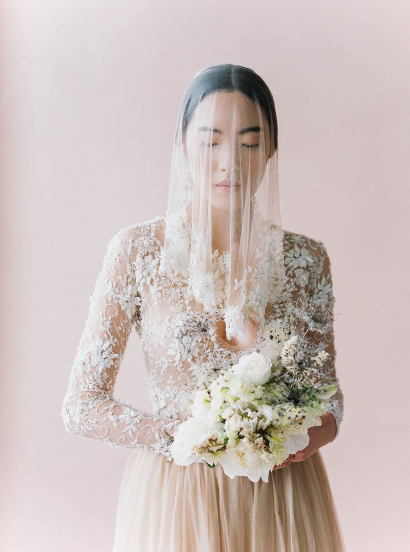 Gold silk tulle veil with Ivory beaded lace trim and Gold silk tulle dress with ivory beaded lace top