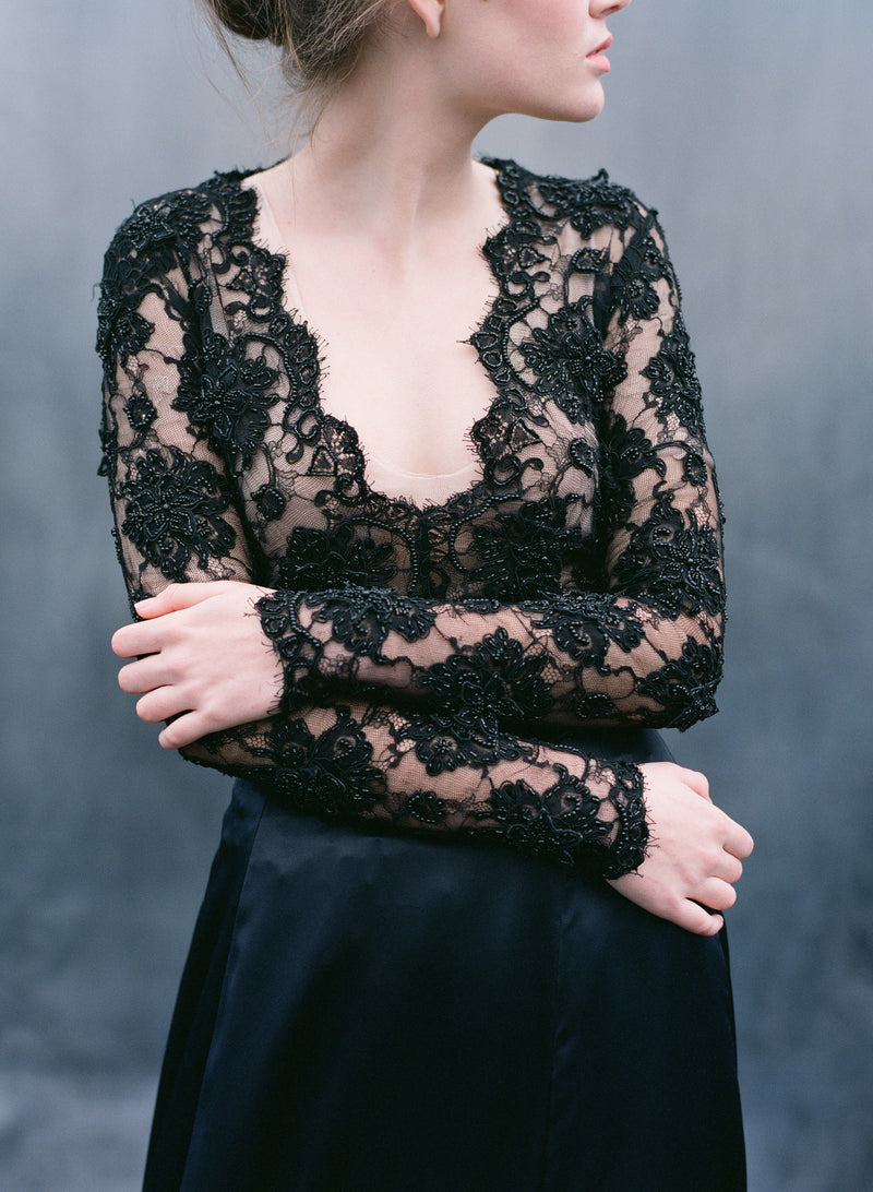 Black silk satin dress with French vintage beaded lace top. Valerie - Emily Riggs 